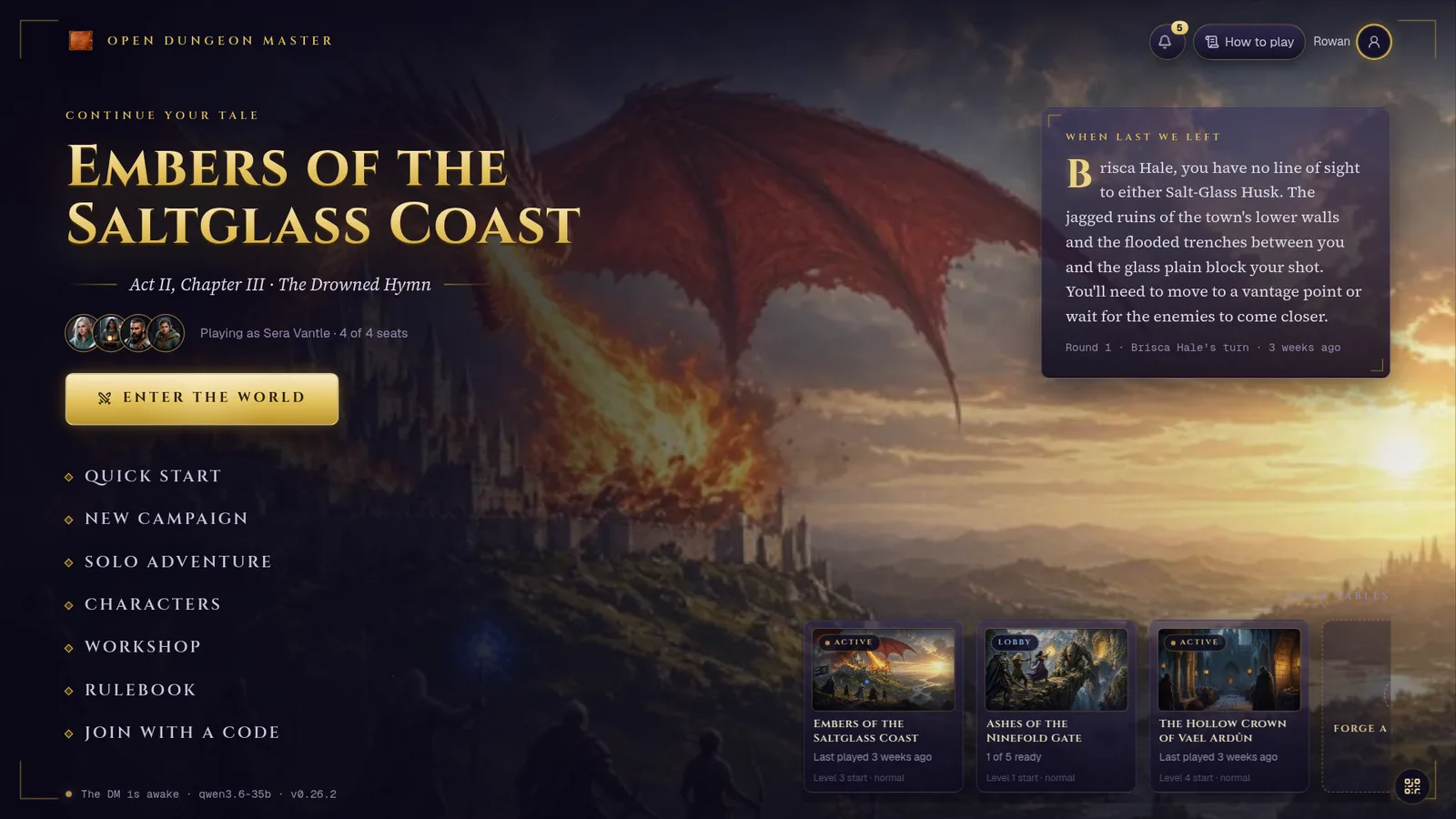 The desktop home screen: a Continue card for the last campaign with an Enter world button, tiles for New campaign, Solo adventure, Characters, Workshop and Join with a code, and the campaign list with cover art