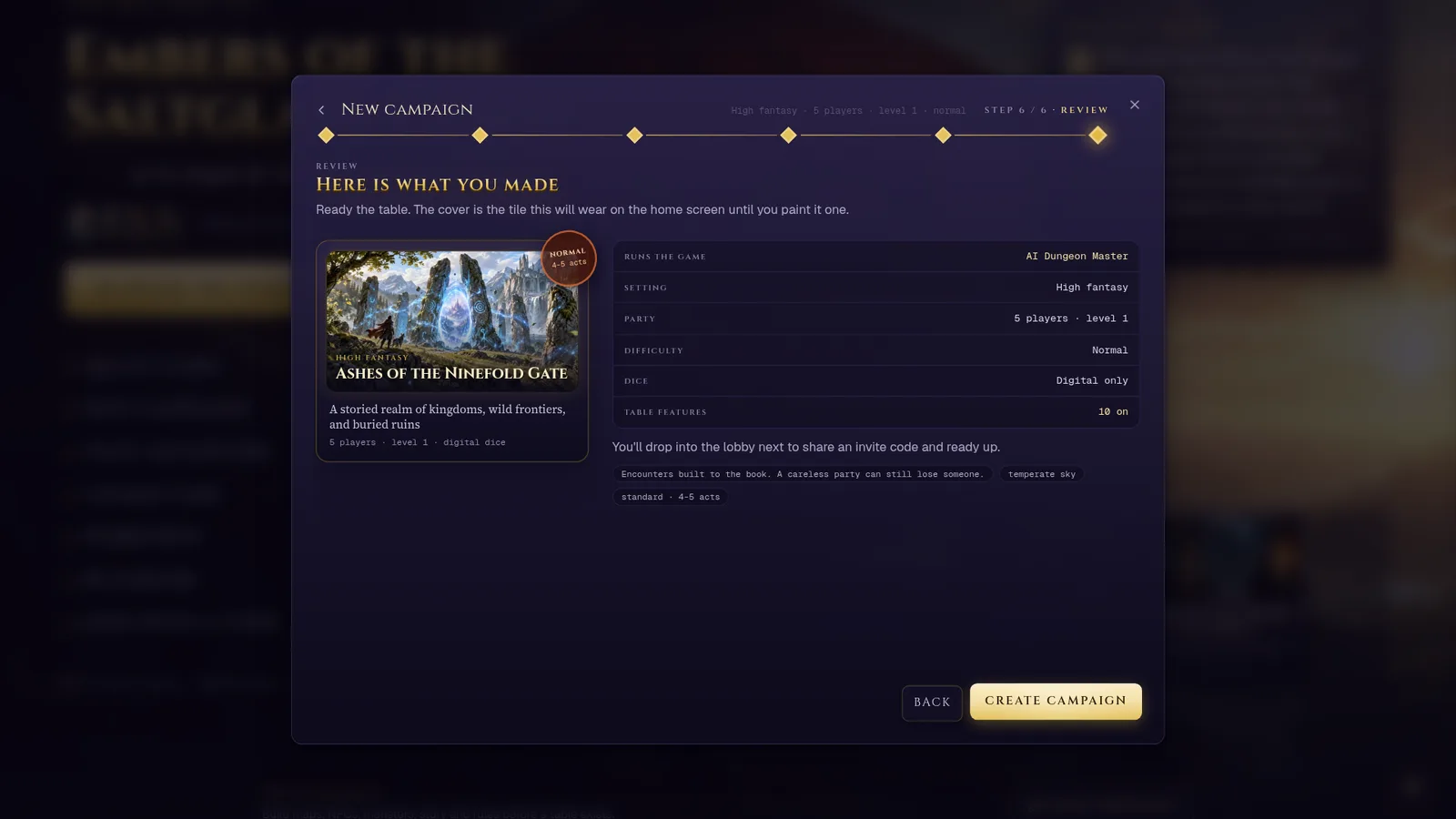 The campaign creator's Review step: the cover with the premise, setting, party size and level, narrator and voice choices read back before creating