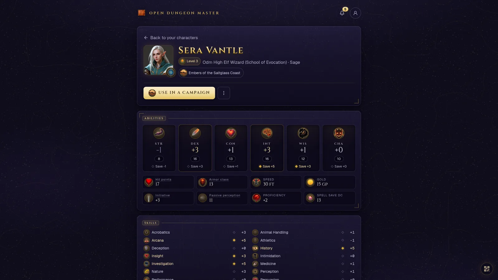 A full character sheet: painted ability tiles across the top, a hit point bar, and columns of features, spells and equipment with painted icons