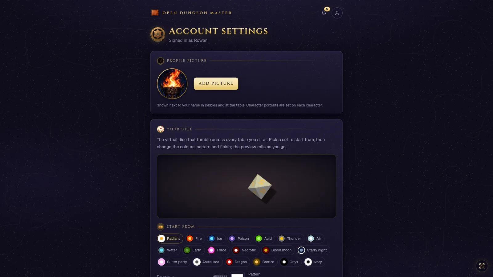 Account settings: the profile picture section, then Your dice with a live 3D tray showing a tumbling d8 and a row of preset chips named Radiant, Fire, Ice, Poison, Acid, Thunder and more