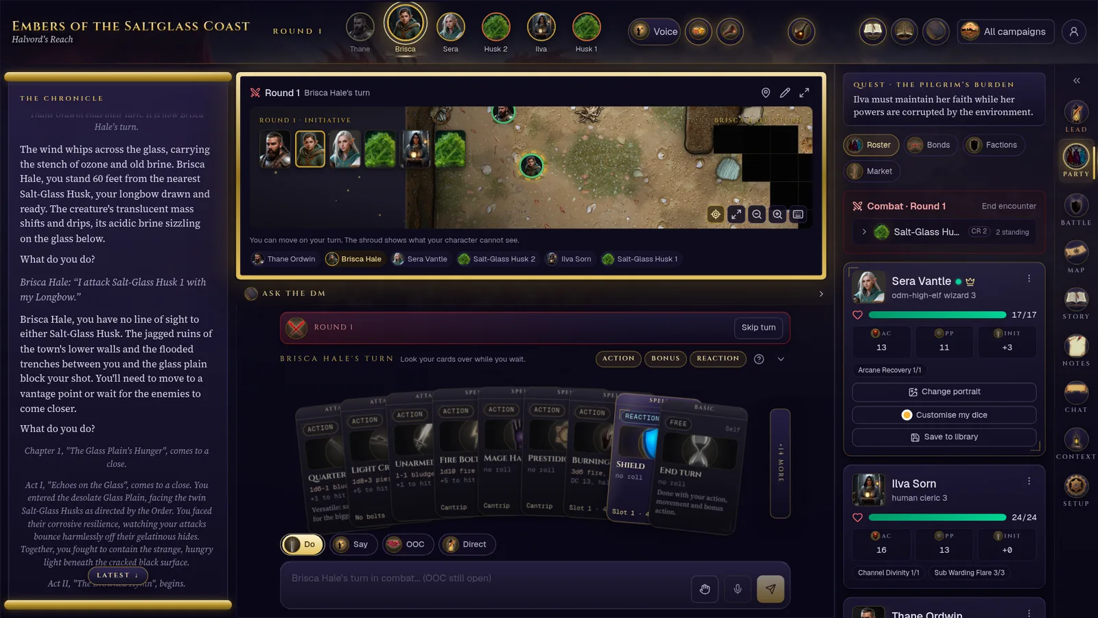 The table with the Party tab open: the chronicle on the left, and on the right every character's portrait, hit points, armour class, passive perception, initiative and class resources