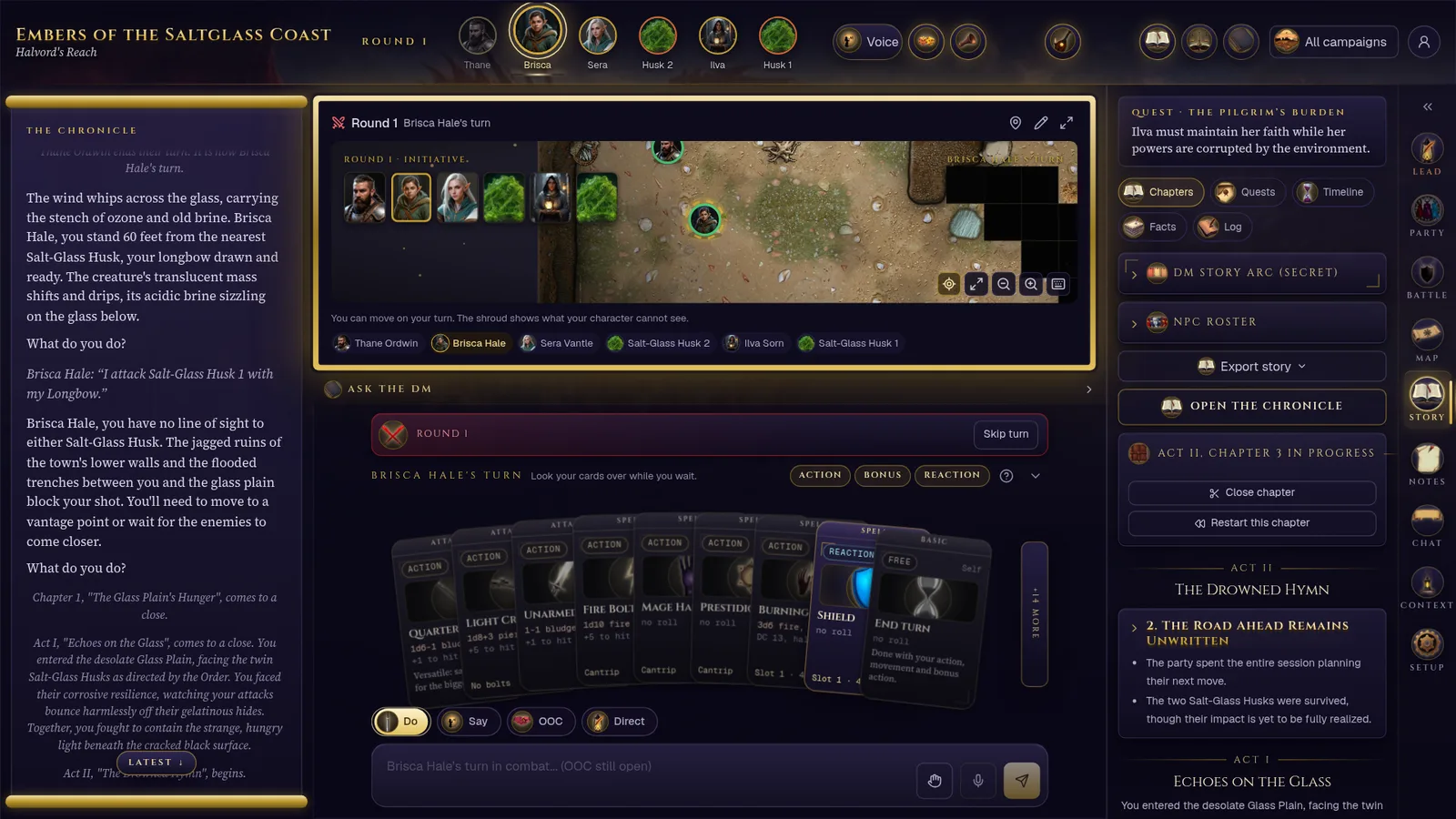 The Story tab: the current chapter's summary, quests with tick boxes, a timeline of dated events, and handouts on a painted scroll