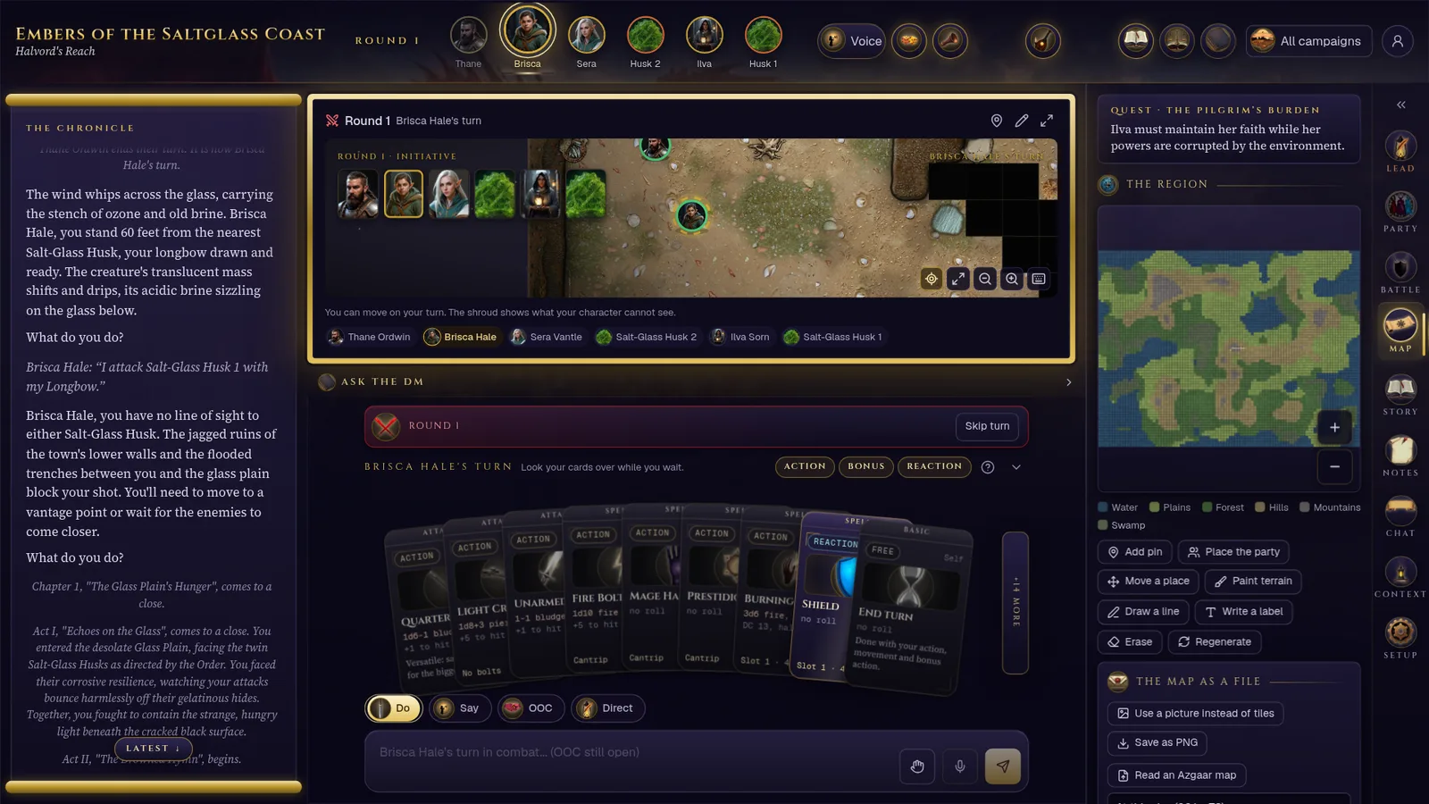The Map tab between fights: a painted region map with places, roads and rivers, and the current location's picture above it