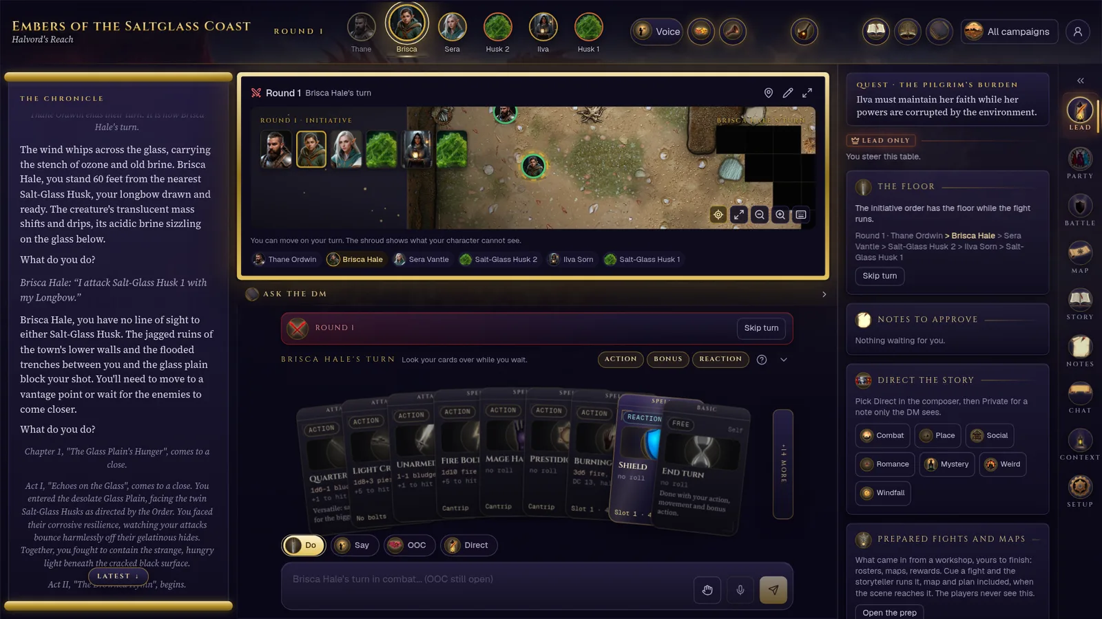 The Lead tab: pacing controls, story tools for the last narration, a resend button for a halted turn, focus pings for each player, and the Dungeon Master seat controls