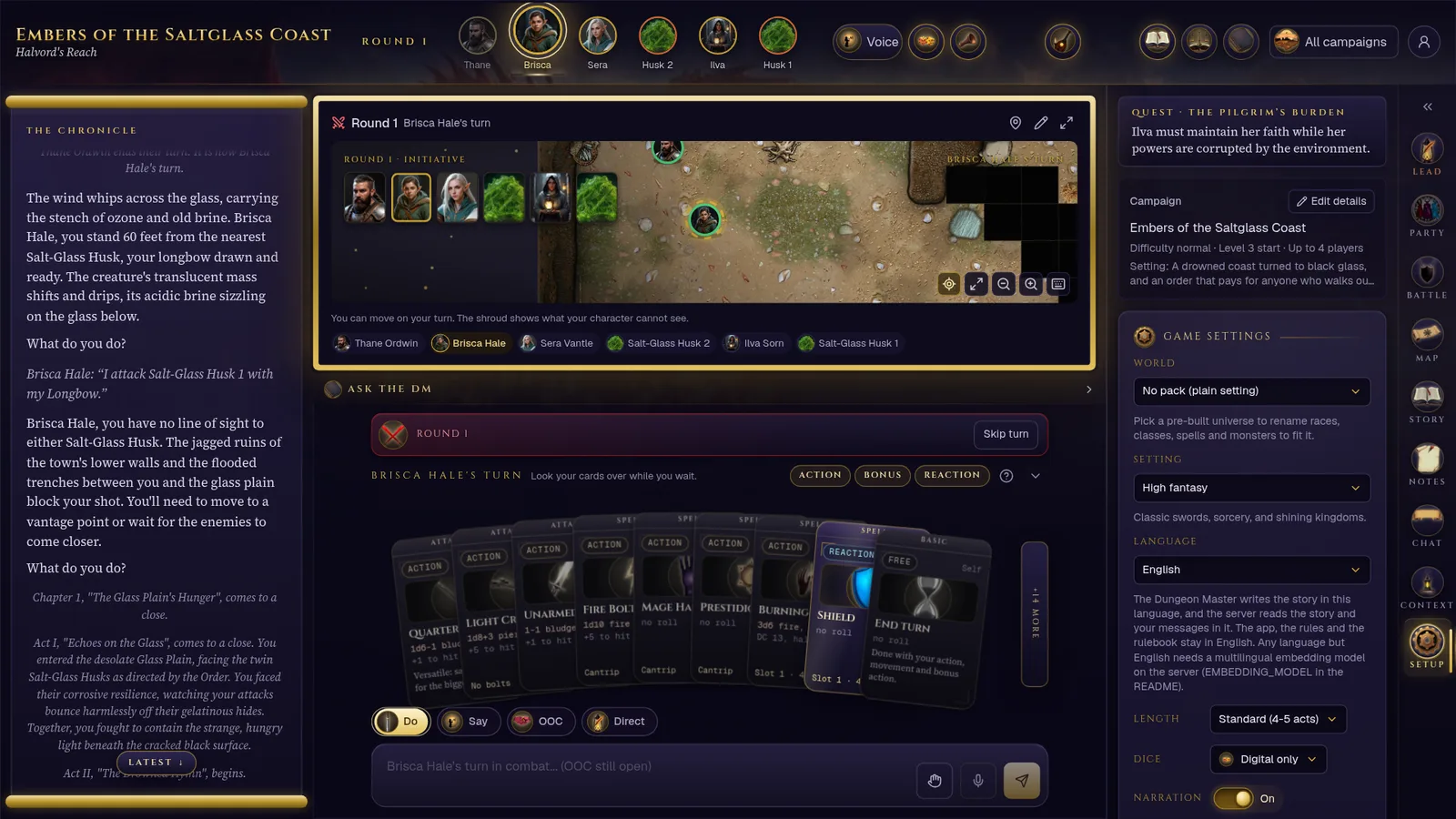The Setup tab open beside the chronicle: campaign details with an Edit details button, then Game settings with World, Setting, Length, Dice, Narration and its voice, Faces, Ambience with Follows the scene, Players may draw, Enemy intent, and Extras