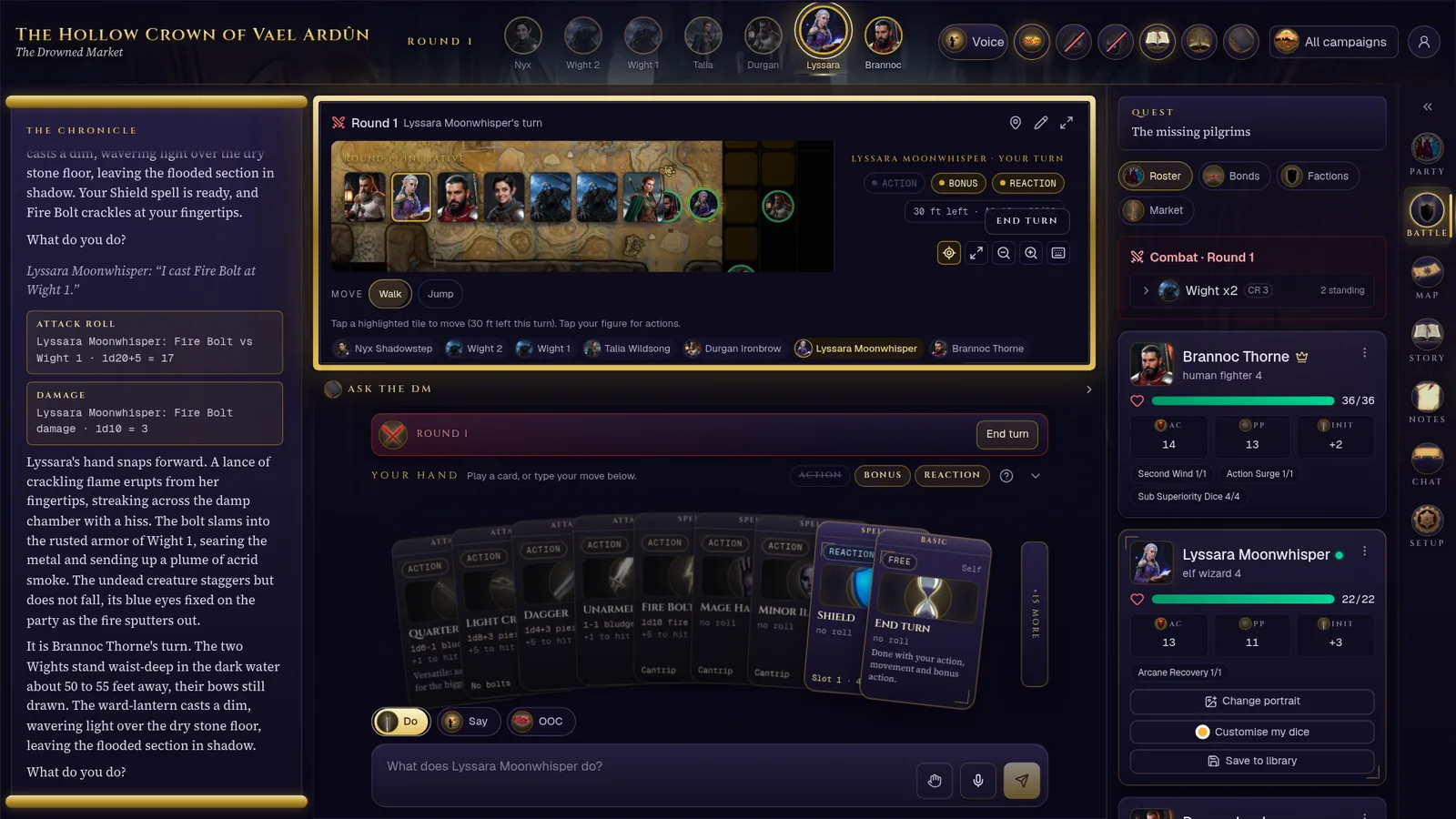 The table mid-fight: the chronicle on the left, the battle panel with the map and initiative rail in the middle, the Hand fanned below it with weapon, spell, feature and basic action cards showing their numbers, and the party on the right