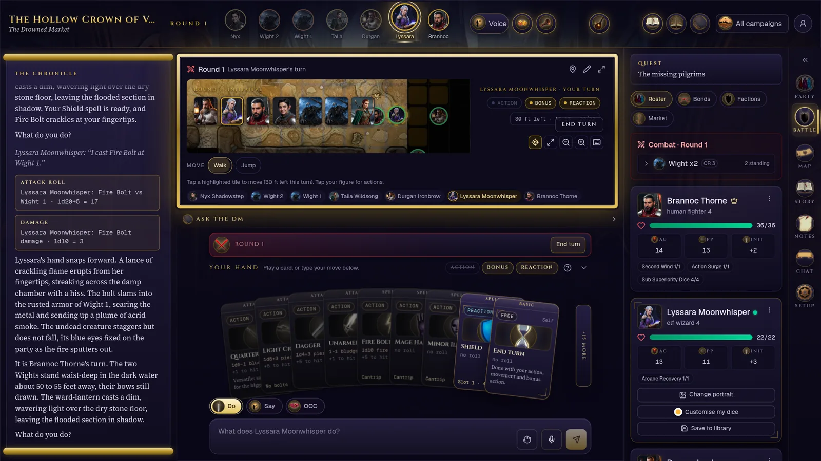 The battle panel during a fight: the battle map with tokens, the initiative rail of portraits above it, the turn HUD, and the round and turn banner