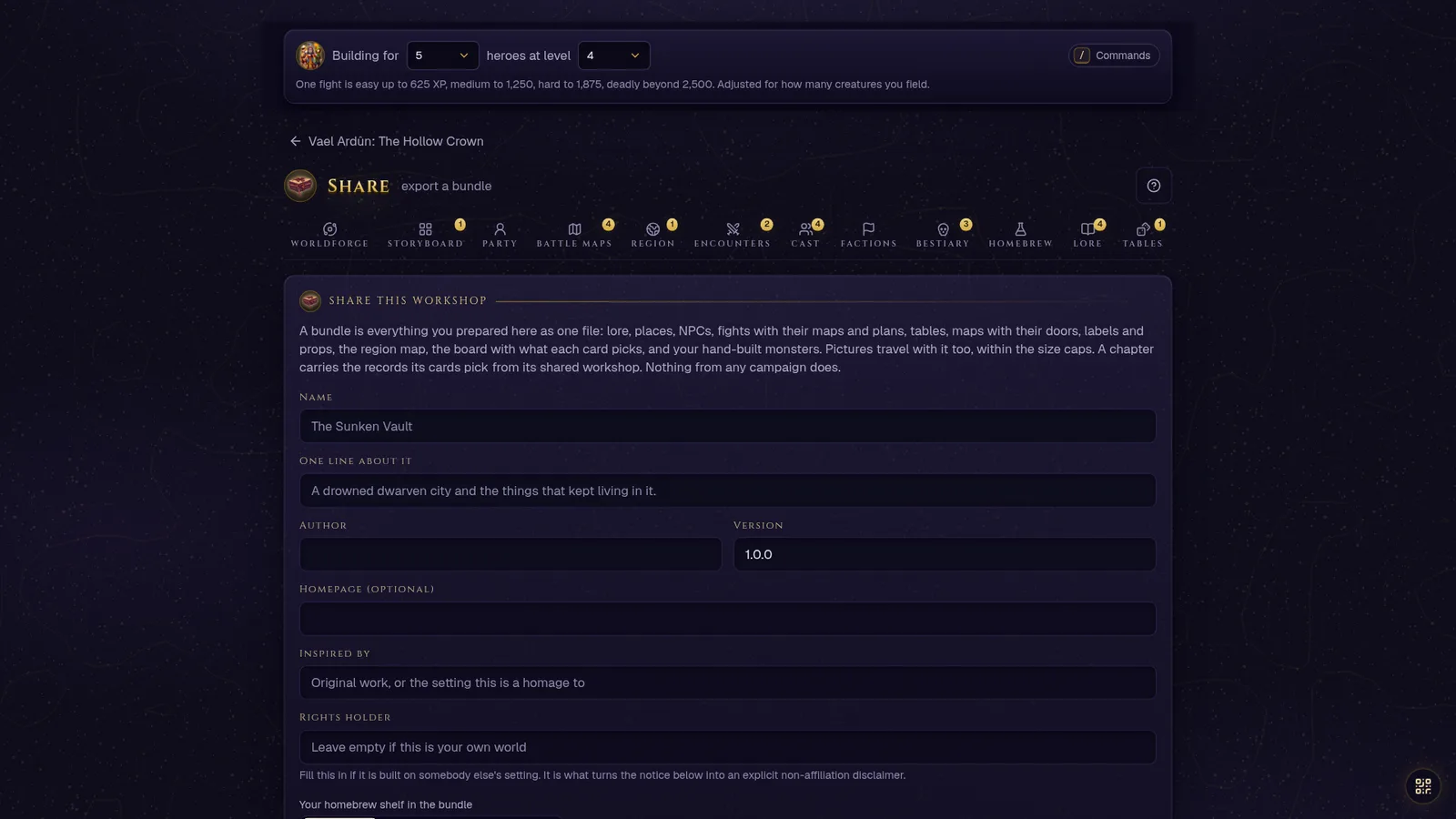 The workshop's Share tool: what the bundle will carry listed by kind with counts, and the export button