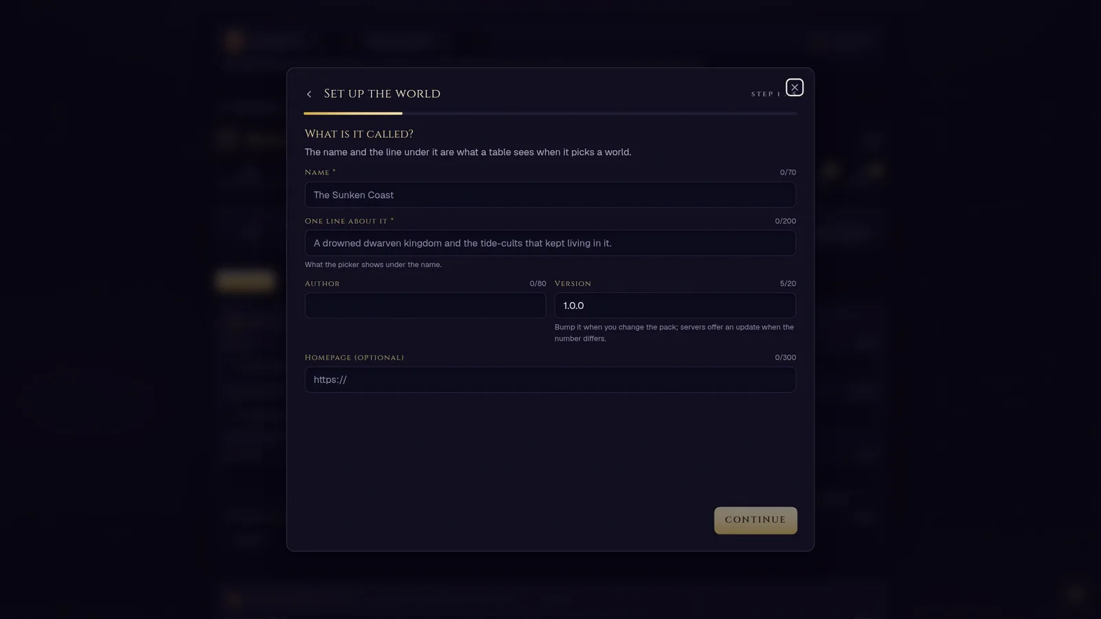 The workshop's Plugin tool: builder tabs for races, classes, monsters, factions and locations, catalogue pickers, and a Publish tab