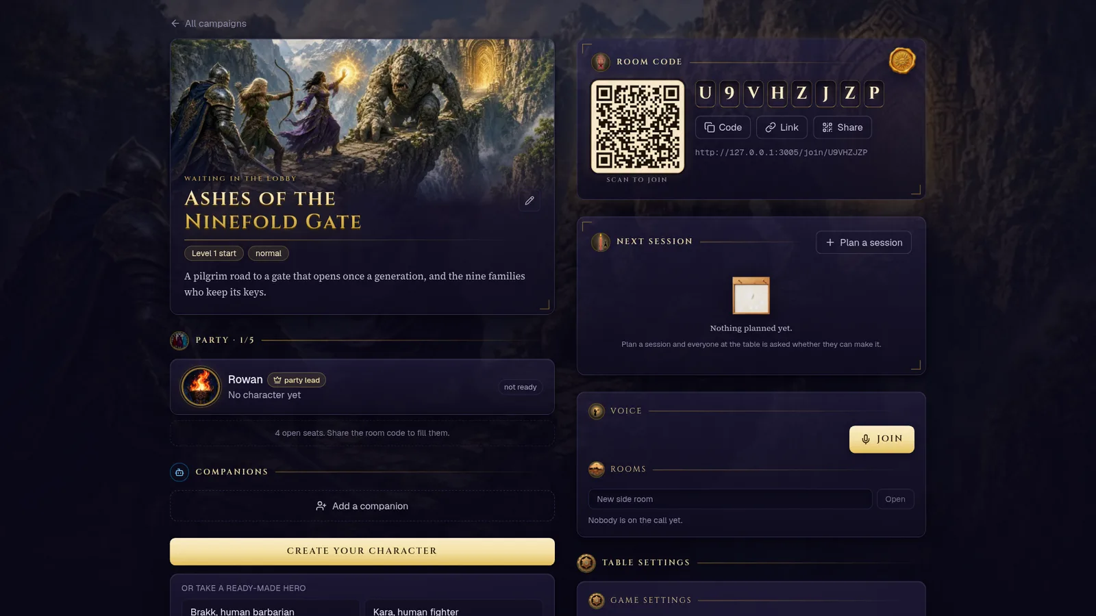 A campaign lobby: the cover and premise, the room code panel with a QR code and Copy, Link and Share buttons, the party list with each member's character and readiness, and the game settings