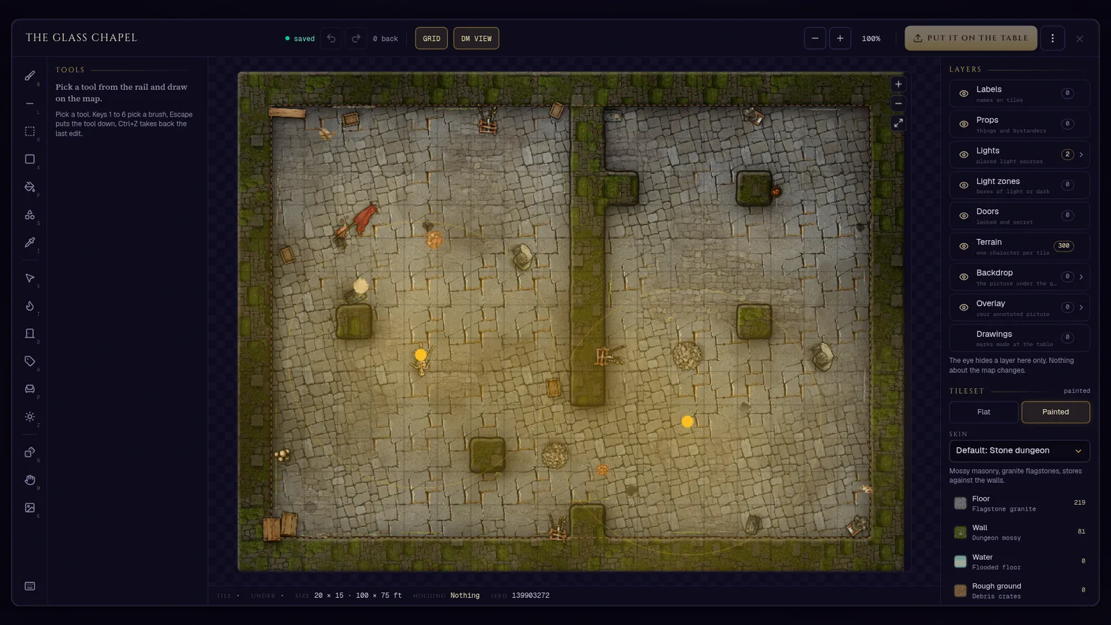 The map studio: a place described in a sentence, the terms the generator recognised as chips, and the battle map it rolled from them