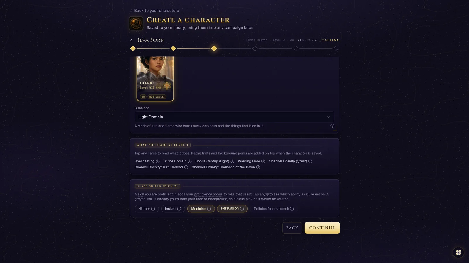The character builder's Calling step: a card grid of classes with the setting's recommended ones starred, and the skill and expertise picks for the chosen class
