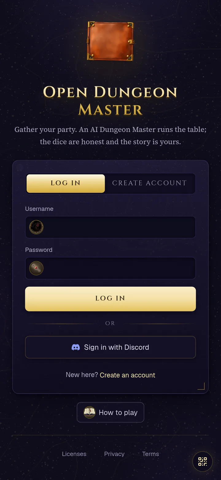 The sign-in page of a self-hosted server on a phone: Log in and Create account tabs, username and password fields, and Sign in with Discord