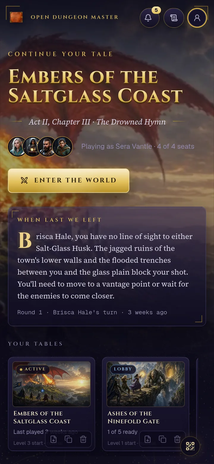 The world's home on a phone: a Continue card with Enter world, and tiles for New campaign, Solo adventure, Characters and Workshop
