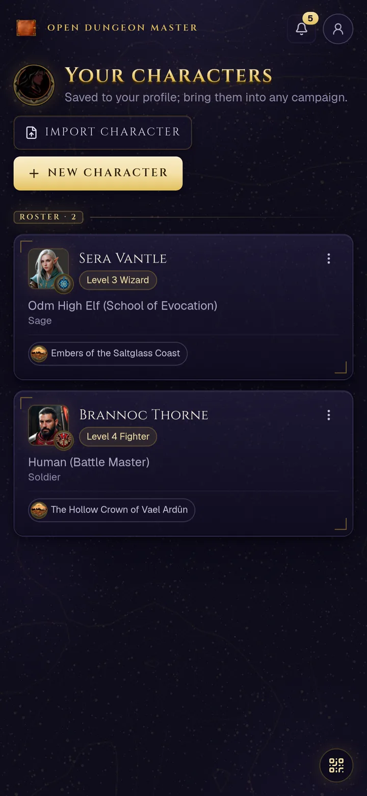 The character library on a phone: portrait cards with class and level