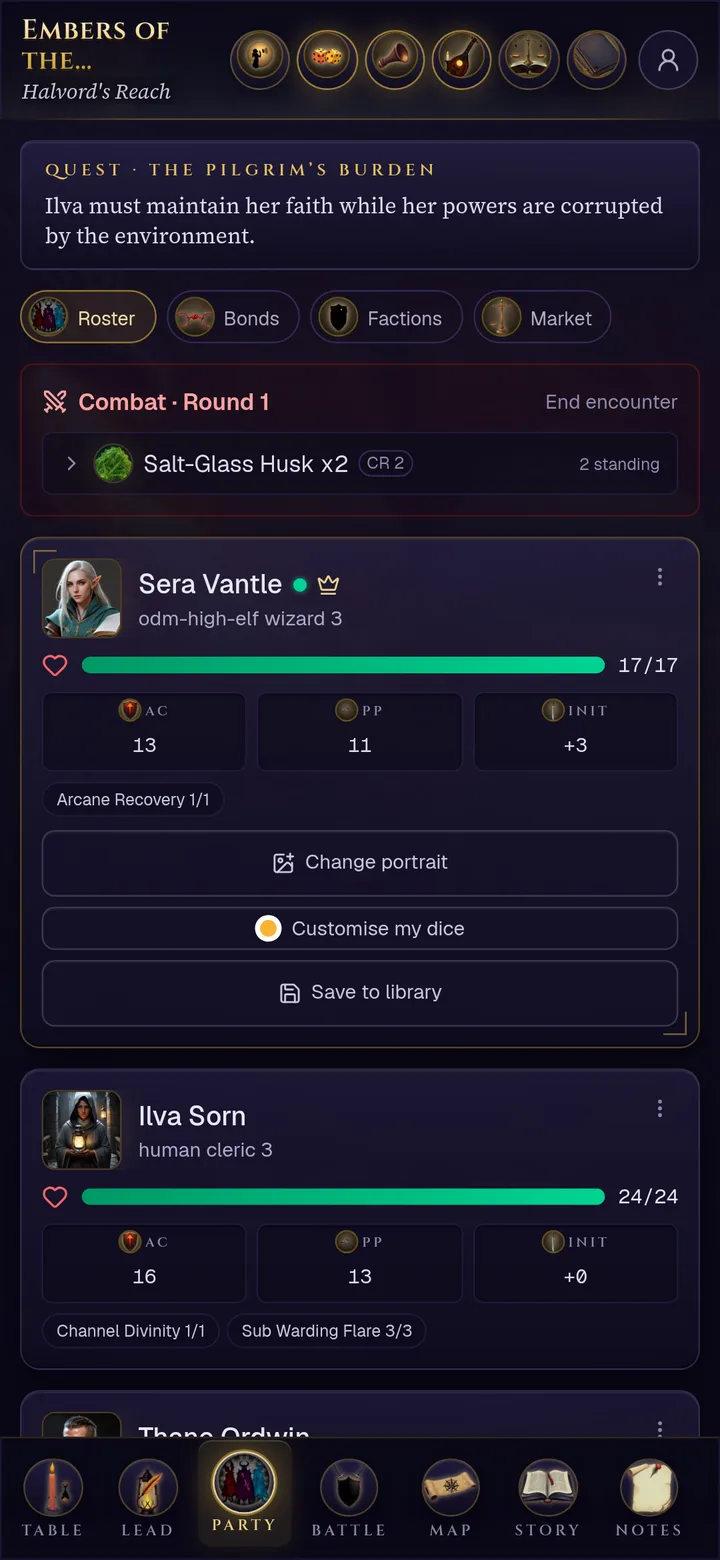 The Party tab on a phone: character cards with hit points, armour class and conditions