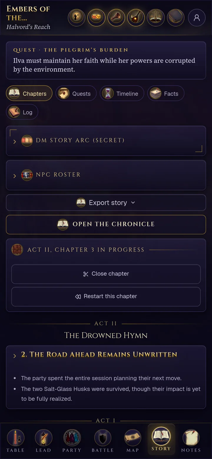 The Story tab on a phone: chapters and recaps as a book