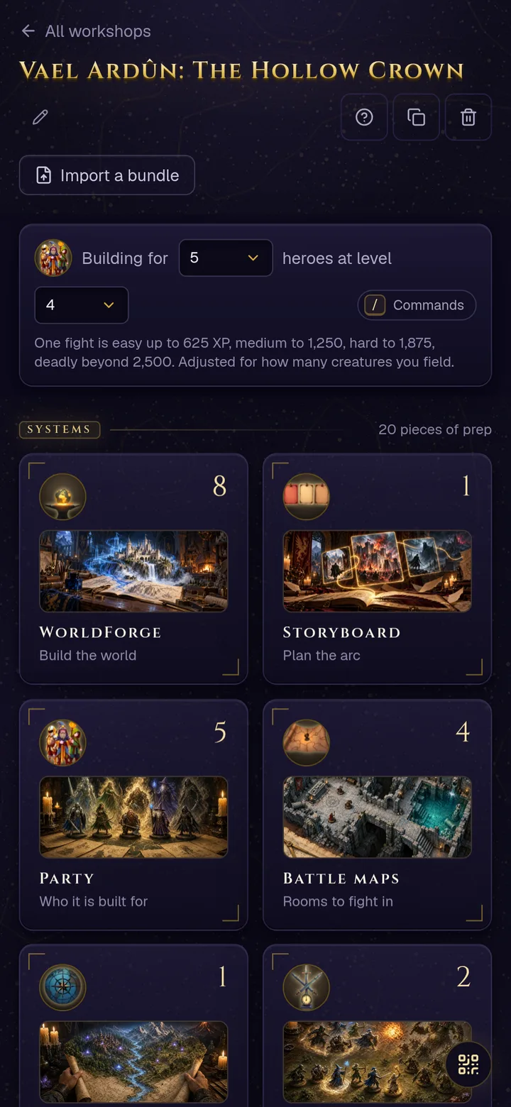 A workshop hub on a phone: the tool cards stacked two across