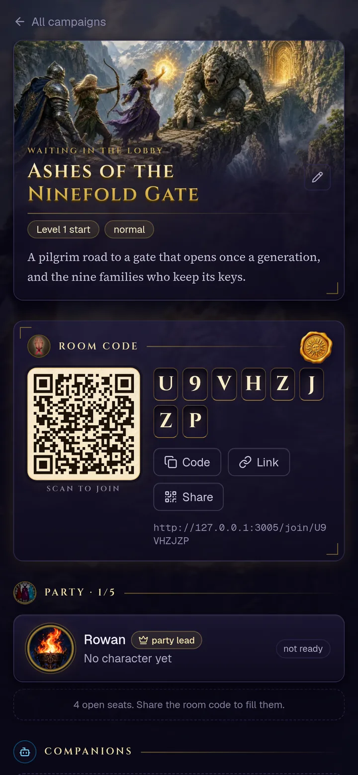 A campaign lobby on a phone, waiting in the lobby: the cover, the room code panel with QR, Code, Link and Share buttons, and the party list showing the party lead with no character yet