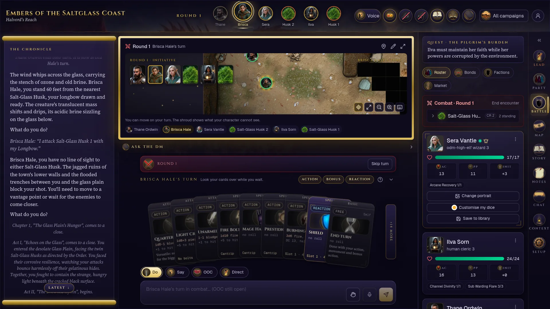Embers of the Saltglass Coast, round one against two salt-glass husks: the initiative portraits run across the top, the chronicle of the Dungeon Master's narration is on the left, the battle map sits above the hand of cards in the middle, and the quest, combat tracker and party cards are on the right